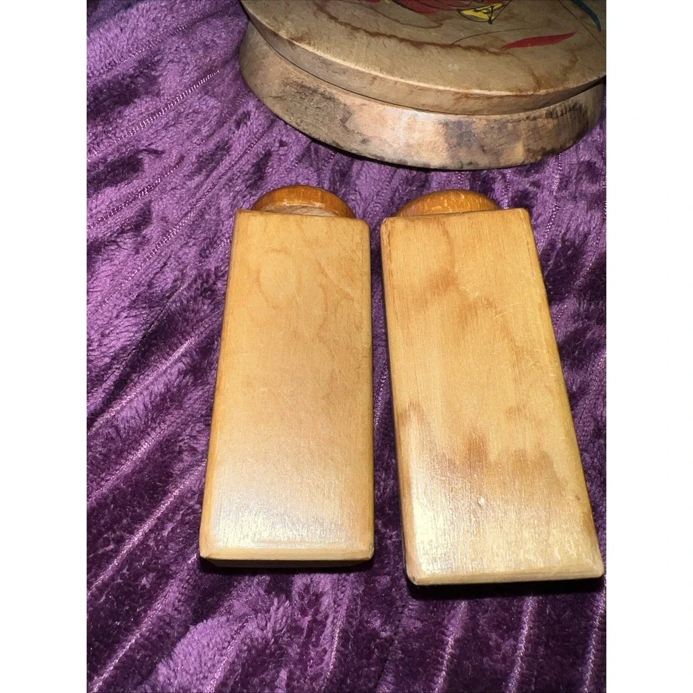 Vintage Wooden Salt & Pepper Shaker Set & Hamburger Press-Hand Painted Roosters